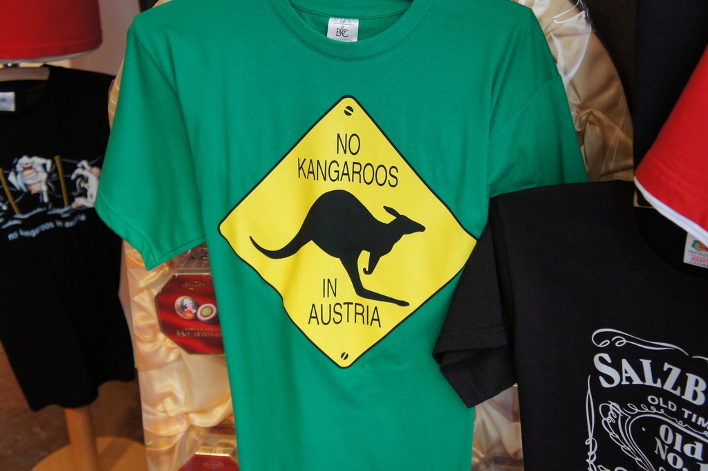 Popular t-shirt in Austria explaining "No Kangaroos in Austria"