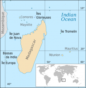 Map of Mayotte, showing Mozambique to the west and Madagascar to the east