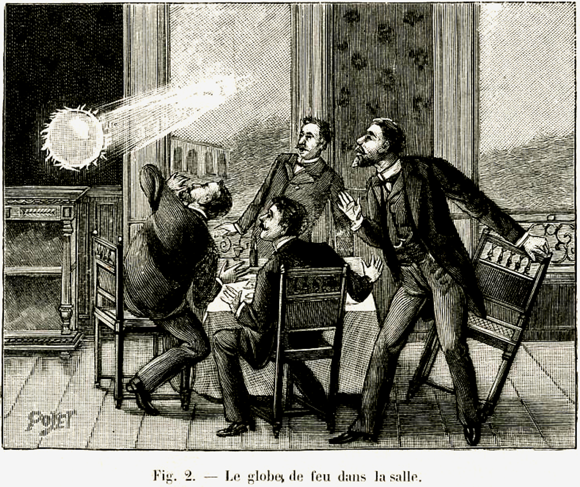 Illustration of four men looking aghast about a ghost or ball lightning
