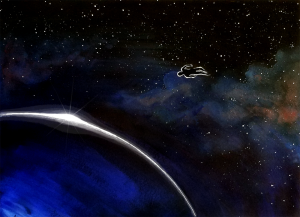 Illustration of a man floating in orbit around a planet.