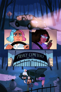 Sample illustrated page from S.P.I.R.I.T. showing three female characters driving to a cemetery