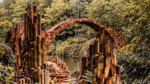 Stone bridge over a still river in a woodland setting