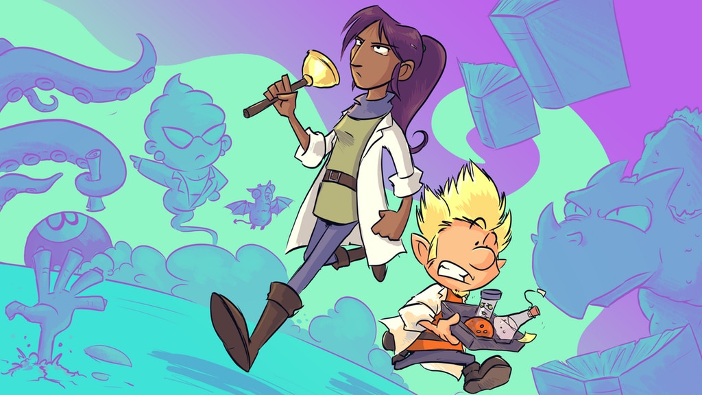 Illustration from Stormhaven Techs featuring a ghostly figure, a dark skinned woman in a lab coat, and a white male gnome in a lab coat