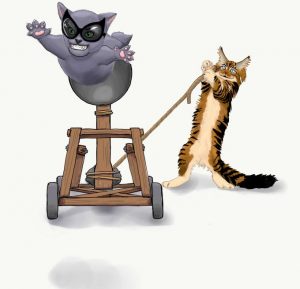 Illustration of a cat being launched from a catapult