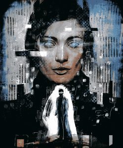Illustration of a woman with parts made to look like computer glitches. A silhouette of a person stands in the forground.