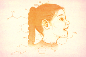 Illustration of a little girl viewed in profile, with chemical formulas superimposed over her.