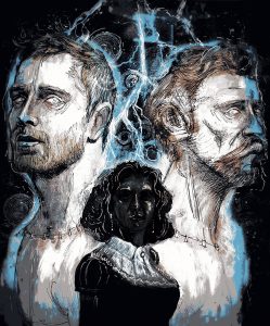 Illustration of two men facing away from each other with lightning bolts between them. The image of the men looms over a small dark woman. 