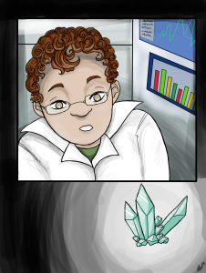 Illustration of a person looking at a cluster of crystals.