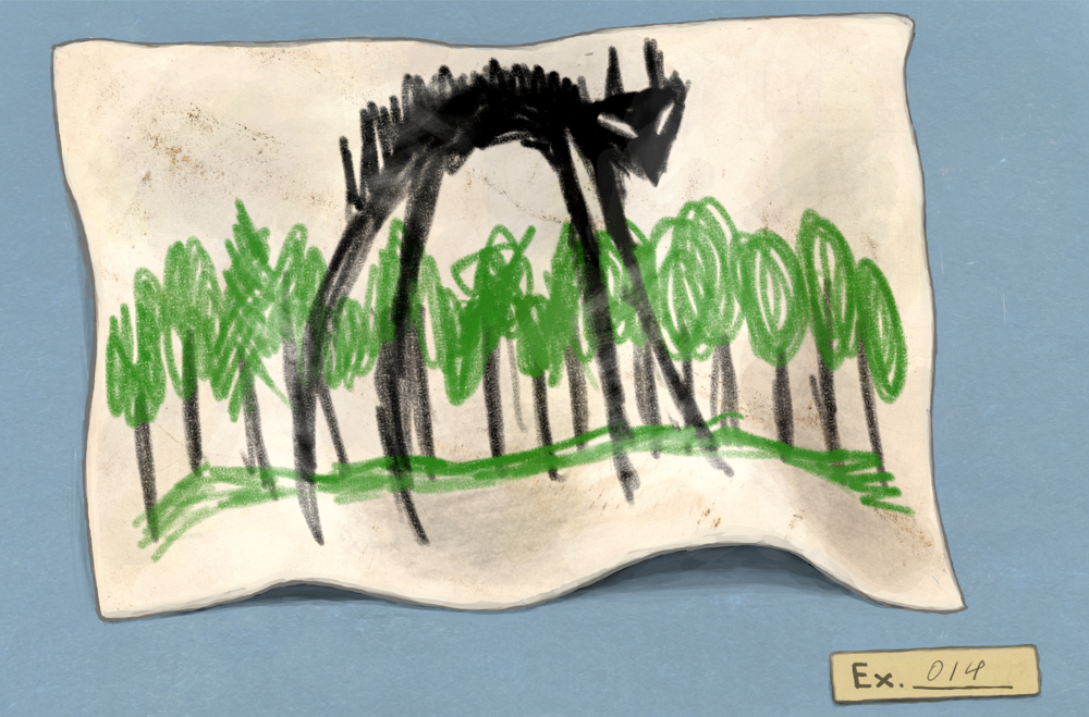 Childlike drawing of a monster in front of a forest.