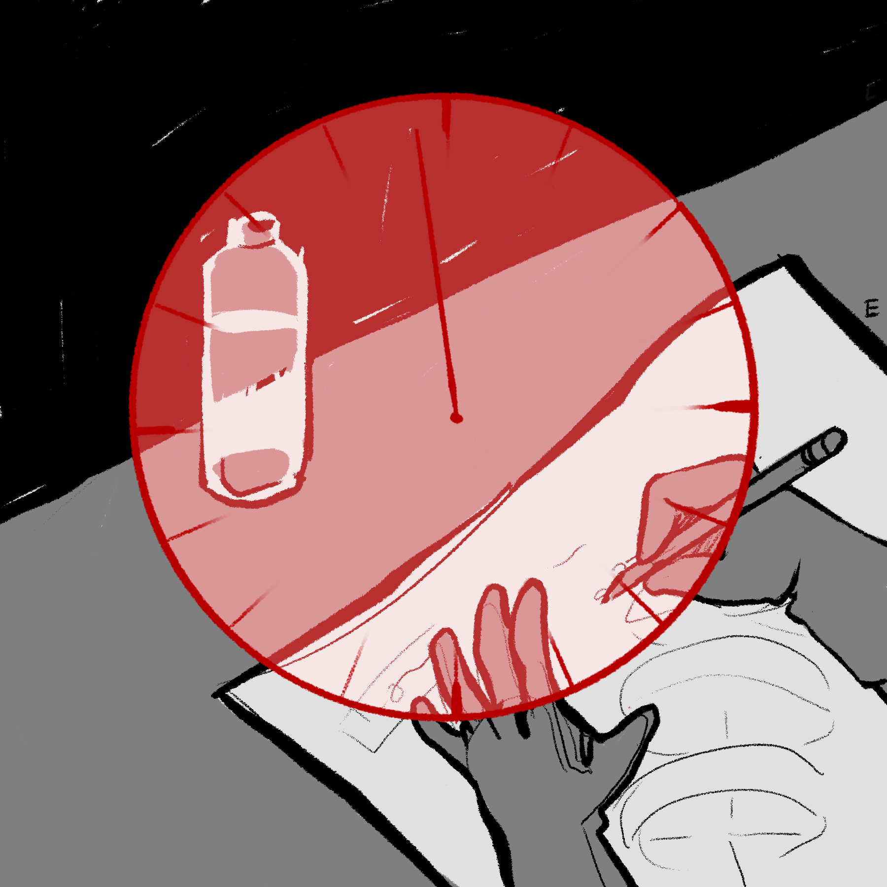 Black and white illustration of someone working on a piece of paper with a red clock superimposed over it.